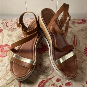 Coach Four Brown Strap and Gold Wedges Modern Platform Sandals